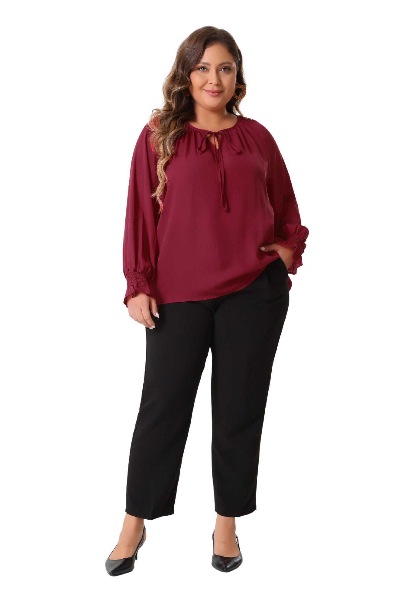 Casual V Neck Drawstring Long Sleeve Blouse Top, Burgundy / Burgundy, hi-res image number 0