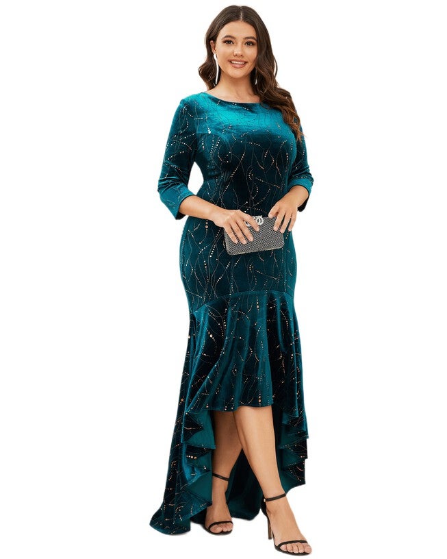 Women's Stylish Bodycon High-Low Velvet Party Dress, Teal / Teal, alternate image number 2
