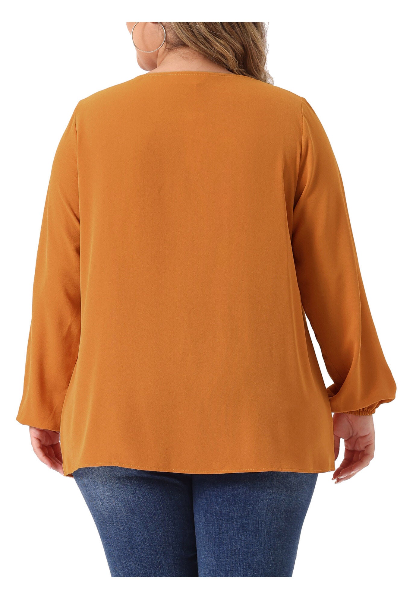 V Neck Long Sleeve Ruffle Tie Front Office Work Chiffon Blouse Top, Orange / Orange, alternate image number 3