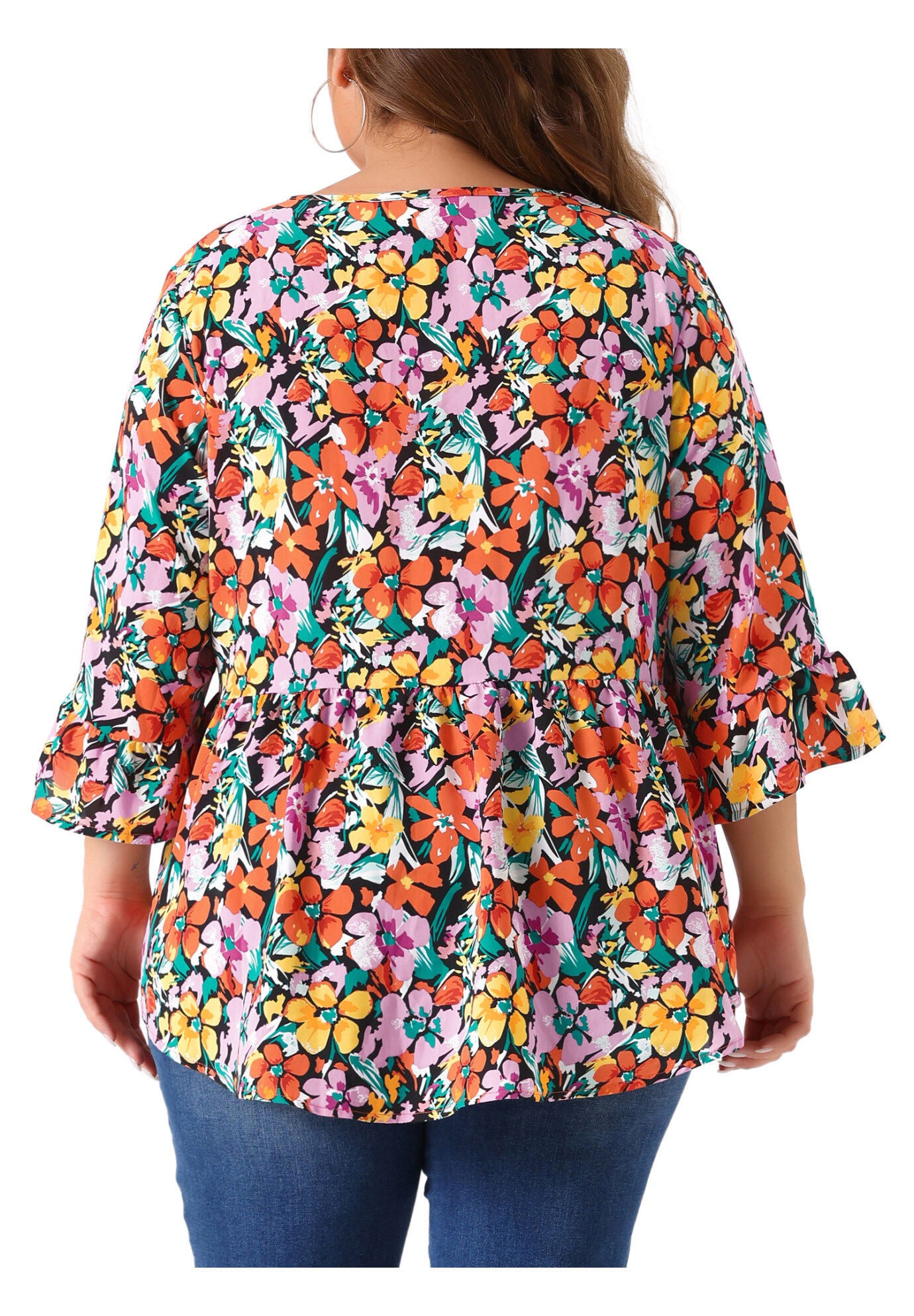 Floral V Neck Ruffle Sleeve Babydoll Peplum Blouse, Orange Black / Orange, alternate image number 3