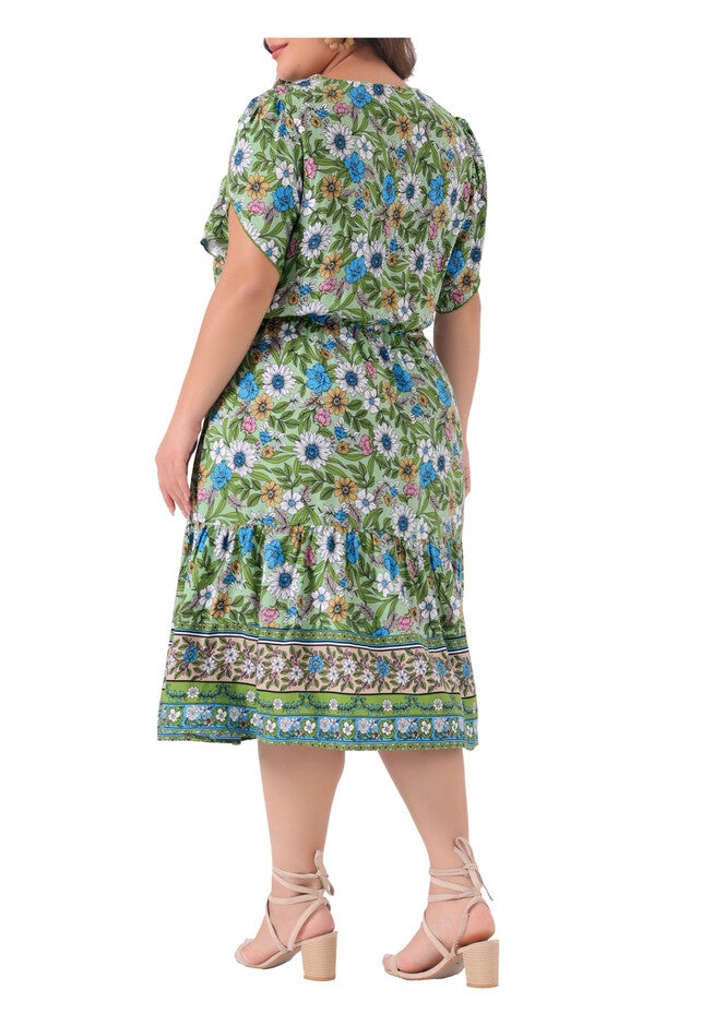 SUMMER BOHO V NECK SHORT SLEEVE FLORAL PRINT MIDI DRESS, Green / Light Green, alternate image number 3
