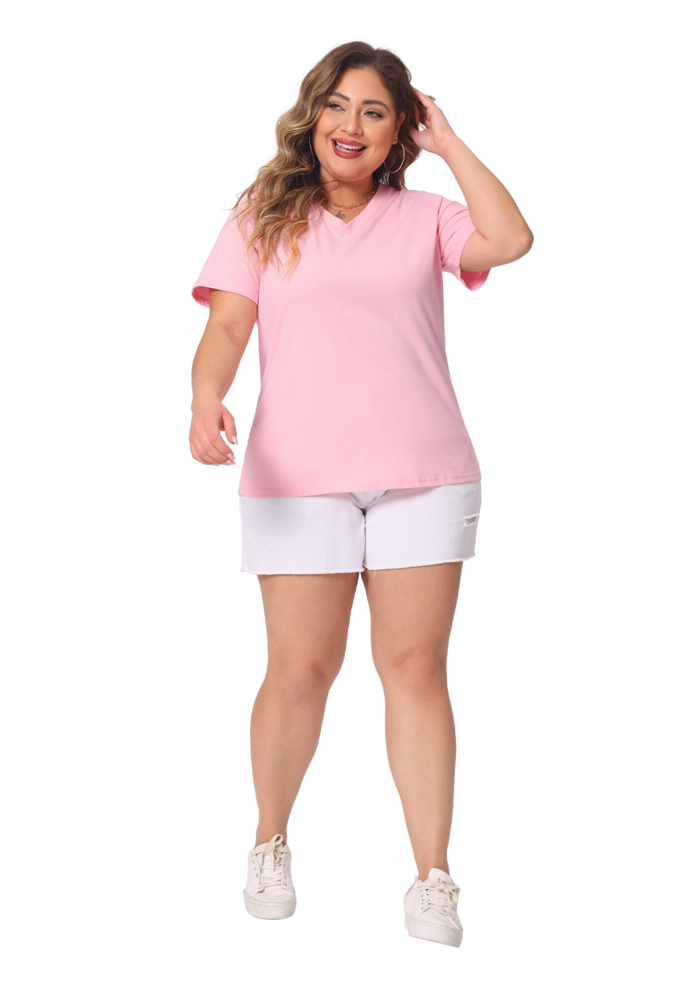 Short Sleeve V Neck Basic T-Shirt Top, Pink / Pink, hi-res image number 0