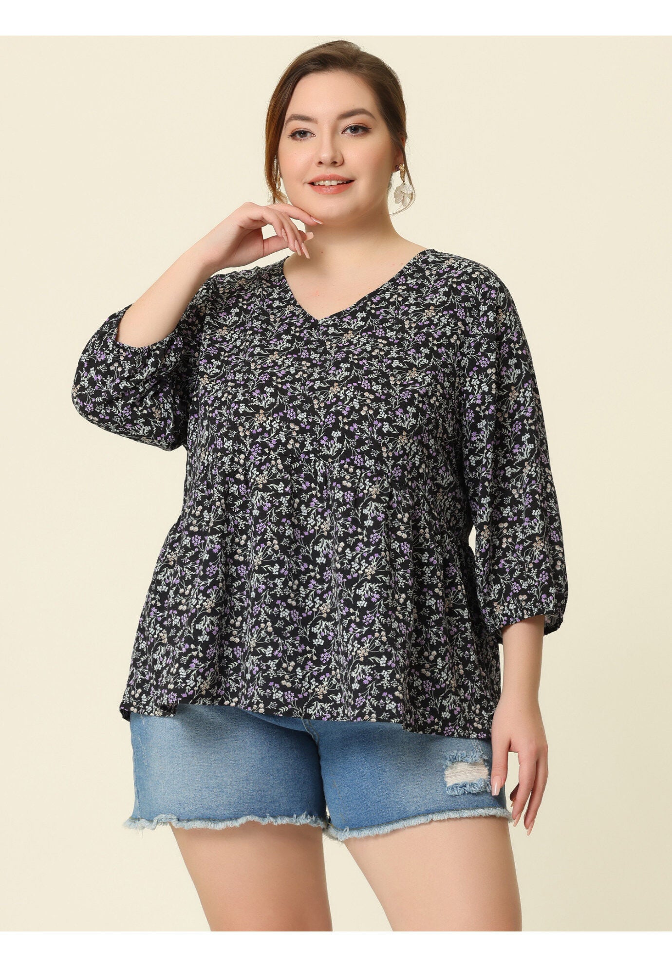 V Neck Babydoll Flowy 3/4 Lantern Sleeve Floral Blouse, Black / Black, hi-res image number 0