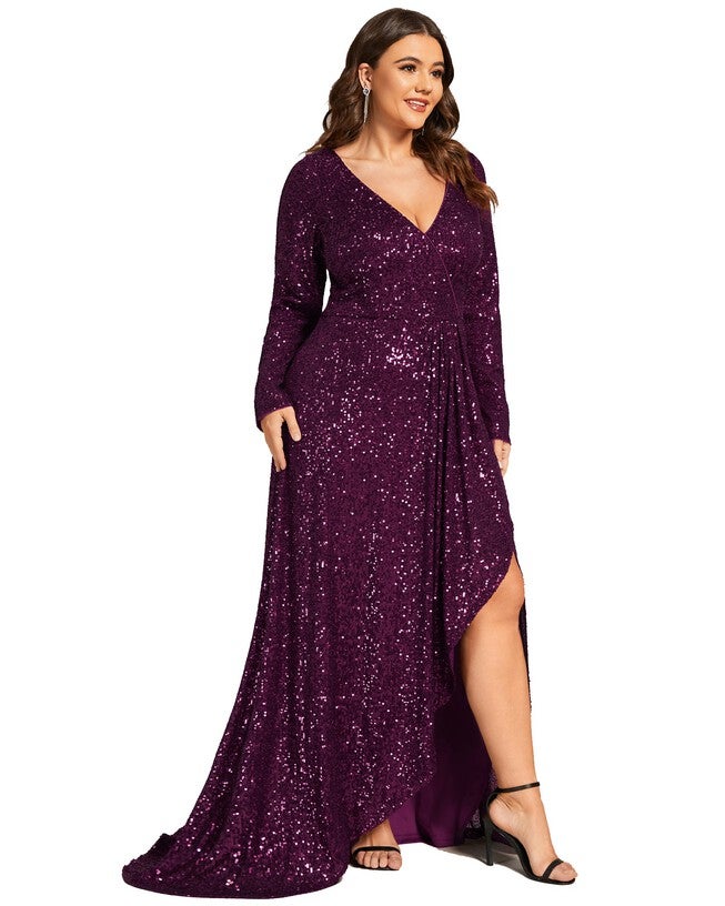 Sequin Long Sleeve V-neck Asymmetrical Hem Evening Dress, Dark Purple / Purple, hi-res image number 0