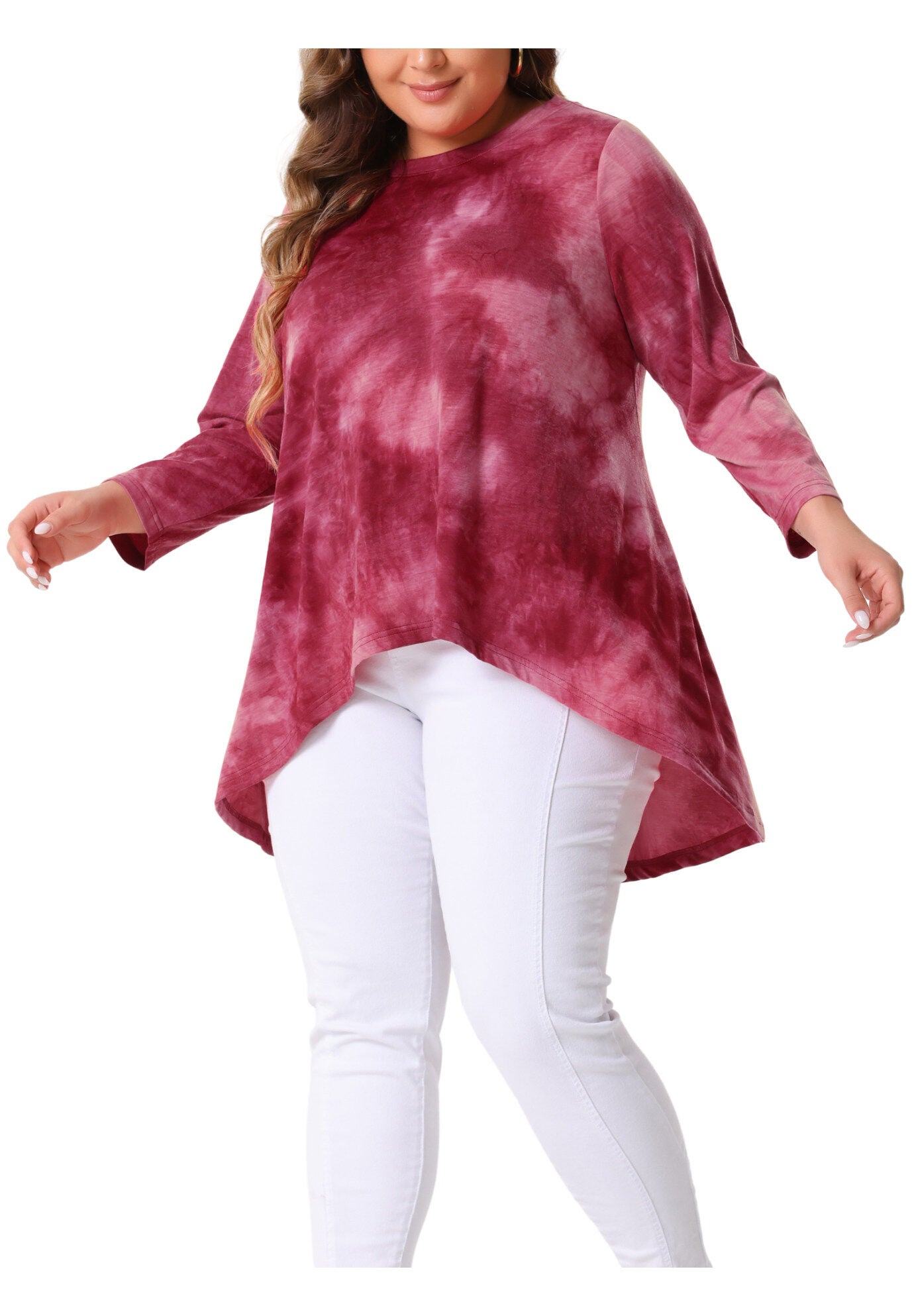 Tie Dye Crew Neck 3/4 Sleeve High Low Tunic Top Tee Shirt, Burgundy / Red, alternate image number 1