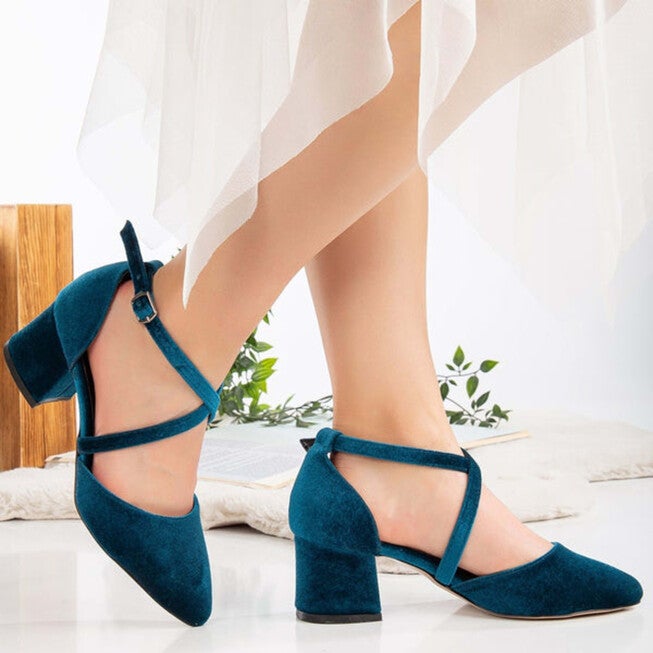 DOLLY - TEAL BLUE VELVET BLOCK HEELS, TEAL BLUE / Teal, alternate image number 3
