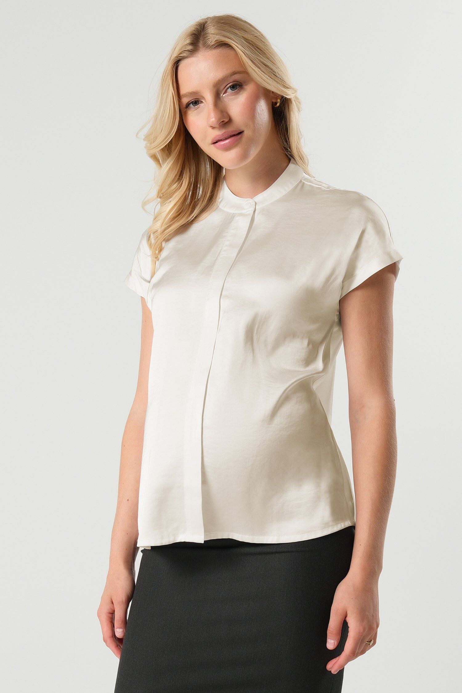 MARION Women's Short Sleeve Satin Maternity Shell Top with Concealed Nursing Zip, Cream / Cream, hi-res image number 0