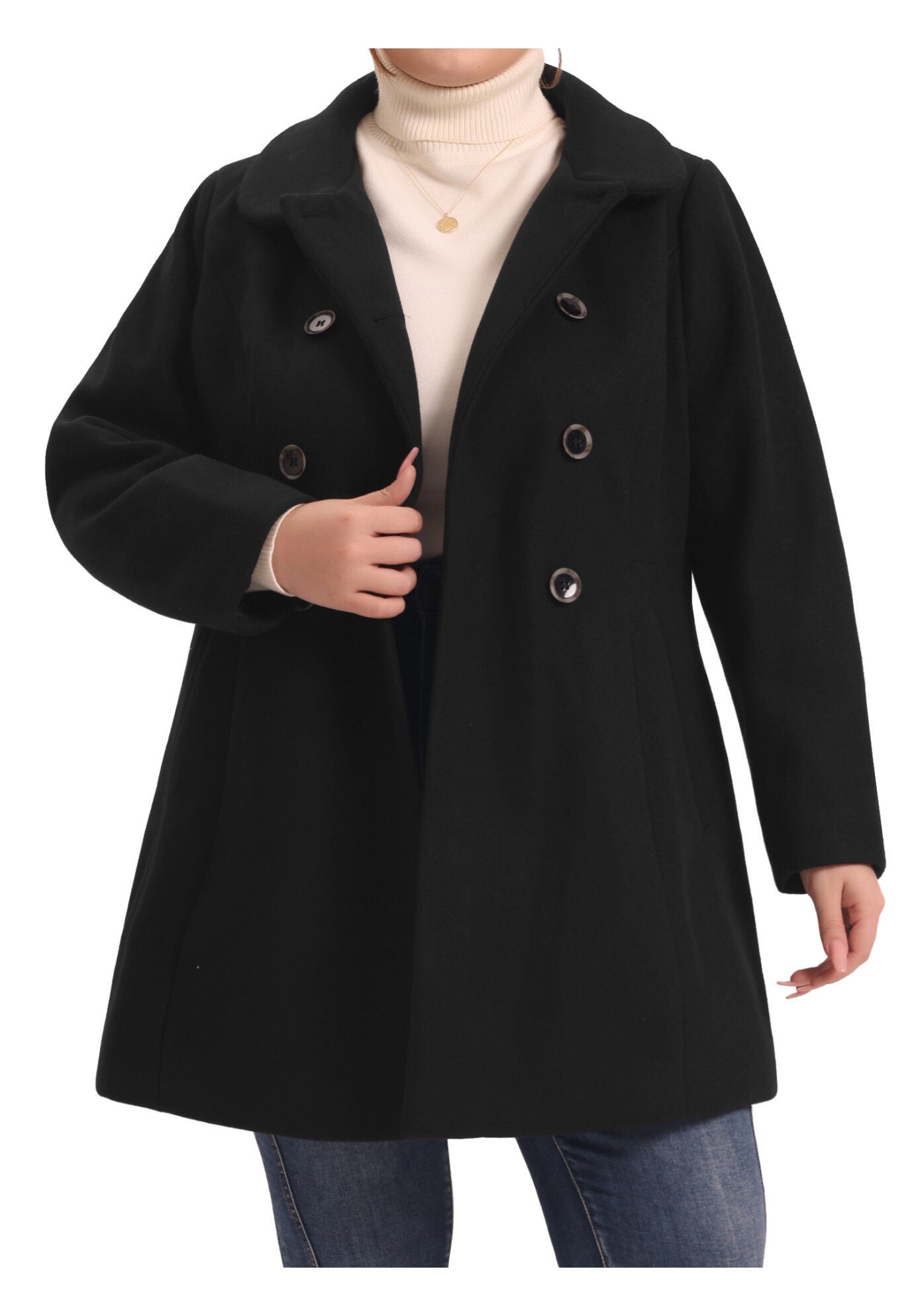 Peter Pan Collar Double Breasted Coat with Pockets, Black / Black, alternate image number 2