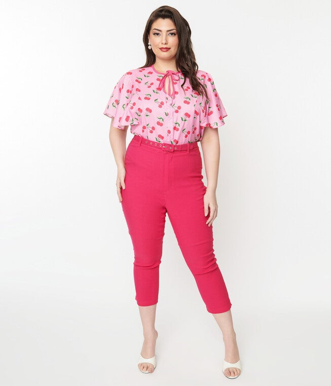 Unique Vintage Hot Pink High Waist Rachelle Capri Pants, Hot Pink / Pink, hi-res image number 0