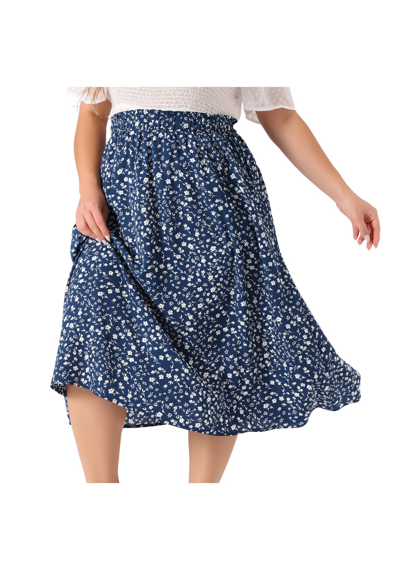 Printed Chiffon Elastic Waist Flowy Midi Skirt with Pockets, Navy Blue / Navy, alternate image number 1