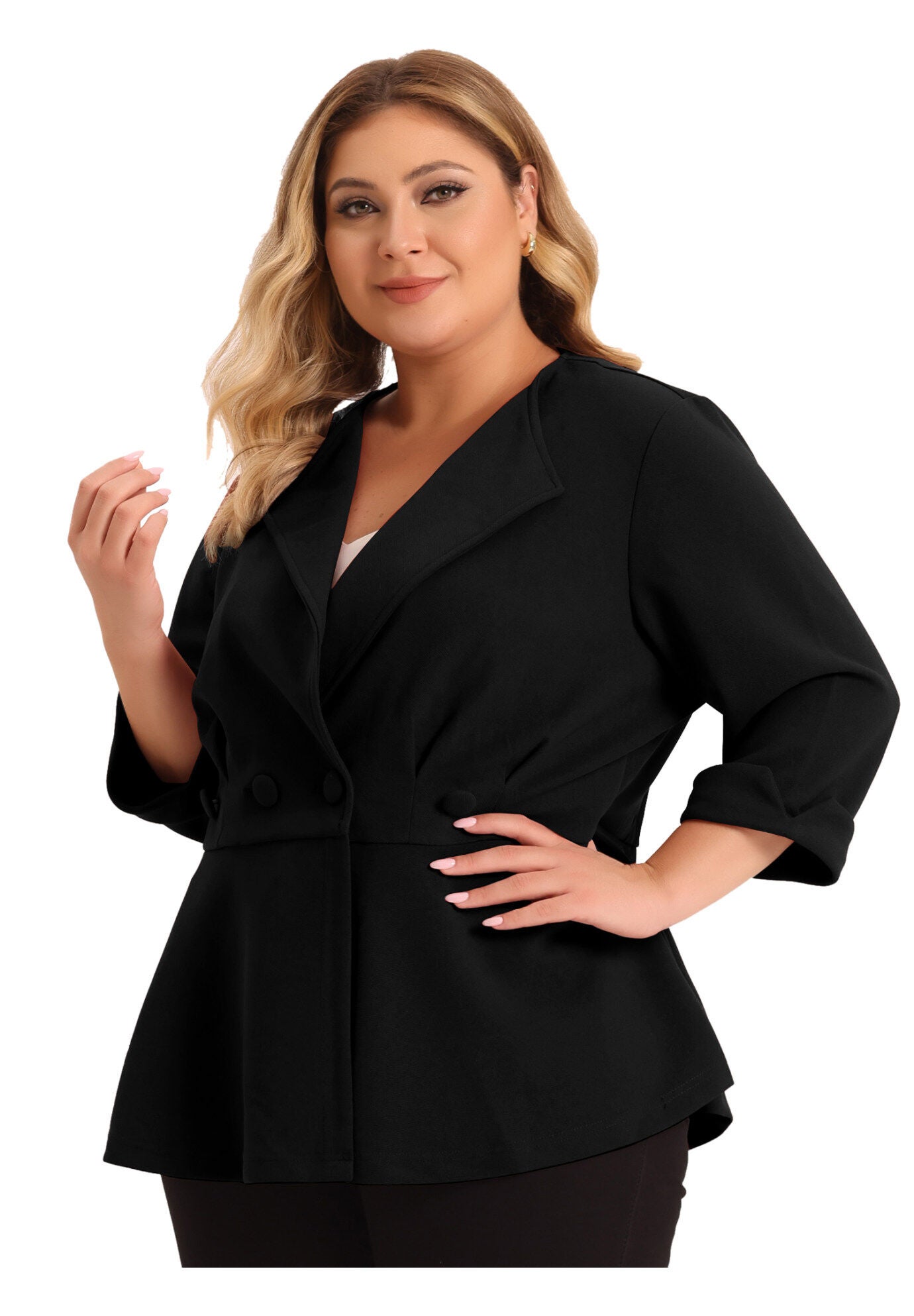 NOTCHED LAPEL PEPLUM JACKET SUIT BLAZER, Black / Black, alternate image number 2