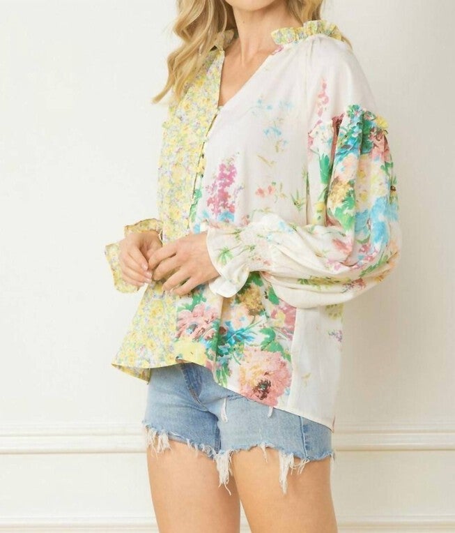 FLORAL CONTRAST PRINT V-NECK BLOUSE IN LEMON AND GREEN, Lemon And Green / Yellow, alternate image number 1