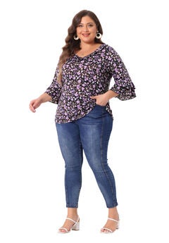Floral Print V Neck Tiered Ruffle Bell Sleeve Blouse Top