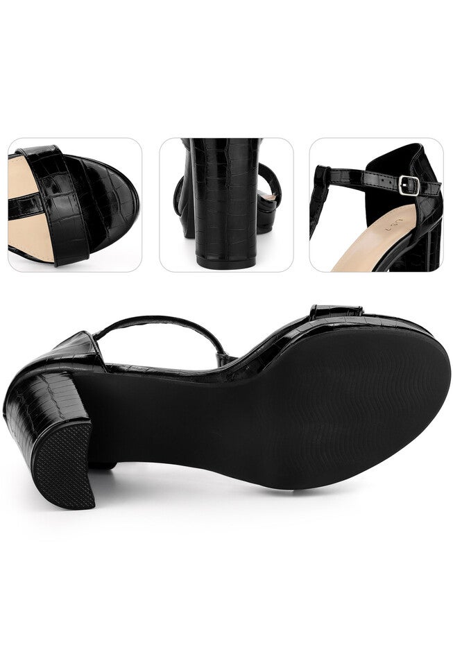 Platform Print Embossed Ankle Strap Chunky Heels Sandals, Black / Black, alternate image number 2