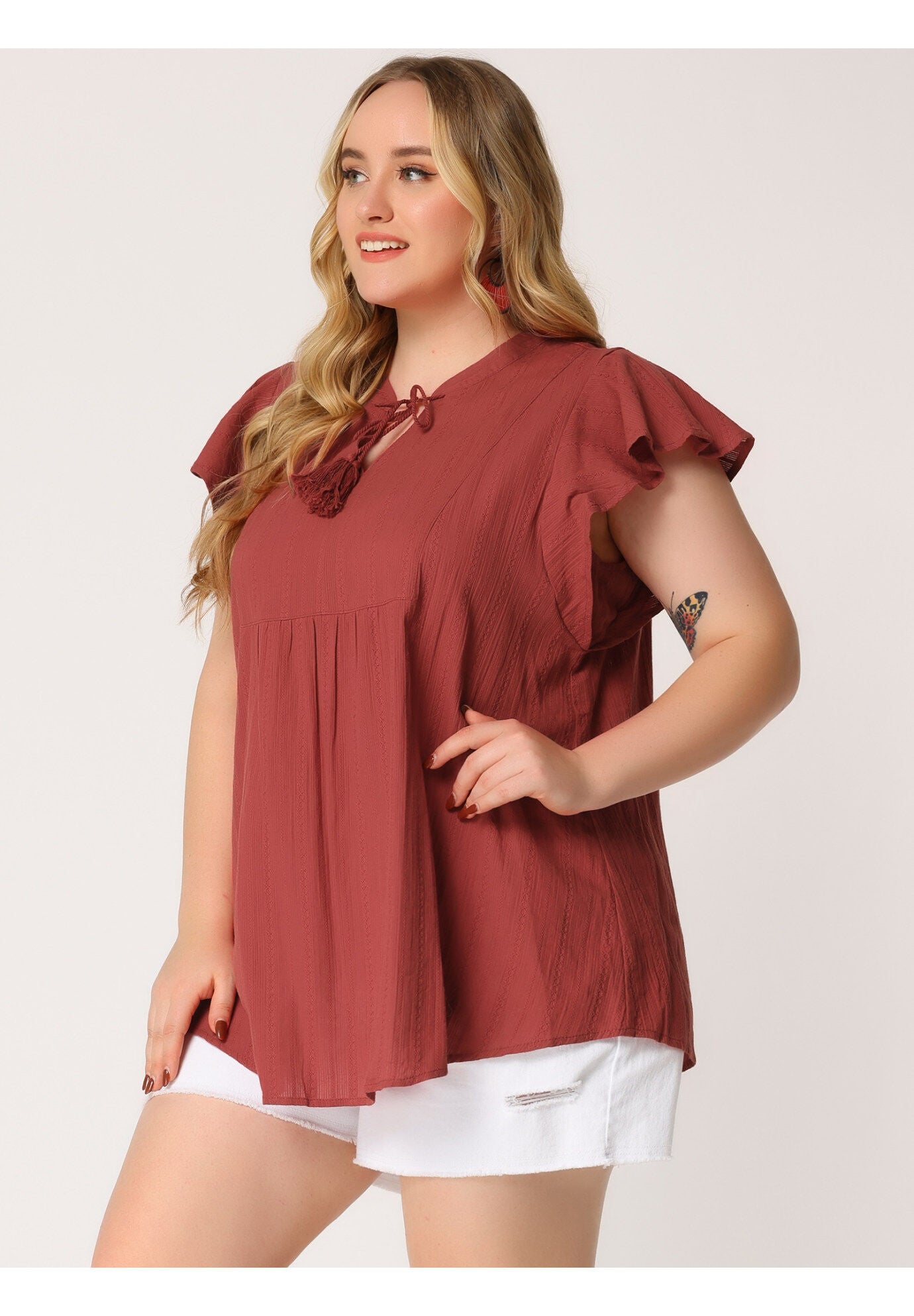 V NECK TASSEL SELF TIE FLUTTER BLOUSE, Brick Red / Red, alternate image number 1