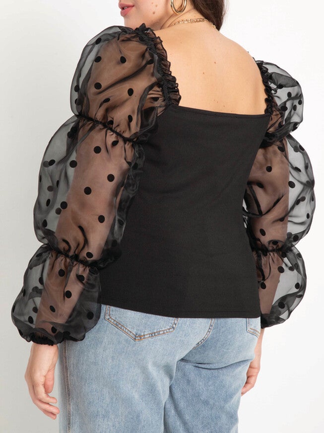 Joyce Flocked Organza Sleeve Top, Black / Black, alternate image number null