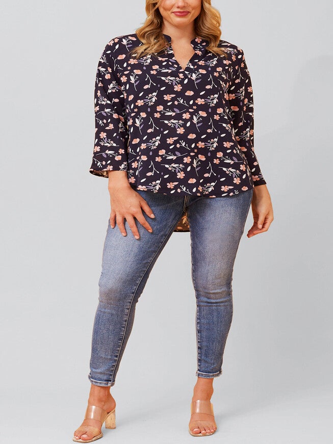 Sherine Blouse Floral Print V Neck Navy, , alternate image number 7