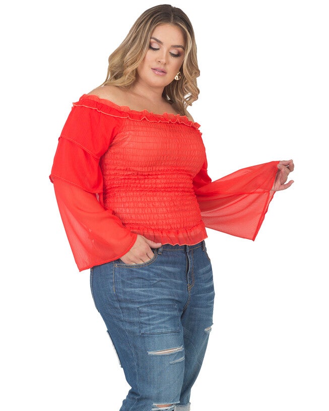 Plus Size Jessa Smocked Tierd Sleeve Top, Tiger Lily / Orange, alternate image number 3