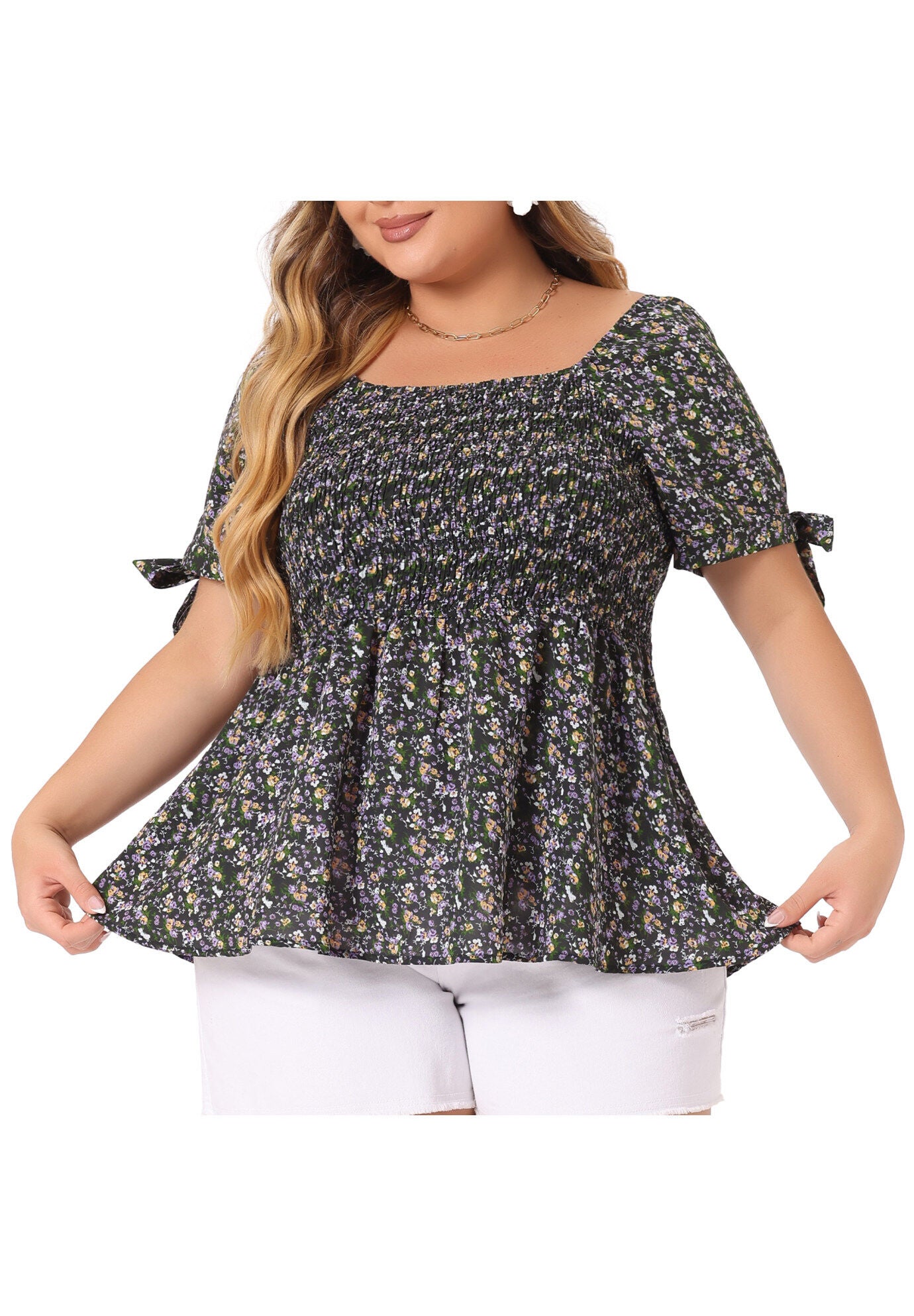 Summer Square Neck Smocked Bow Tie Short Sleeve Peplum Blouse, Black Purple / Purple, alternate image number 1