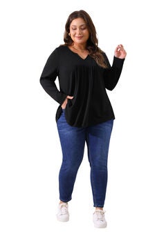 Notched Neck Long Sleeve Front Pleated Blouse