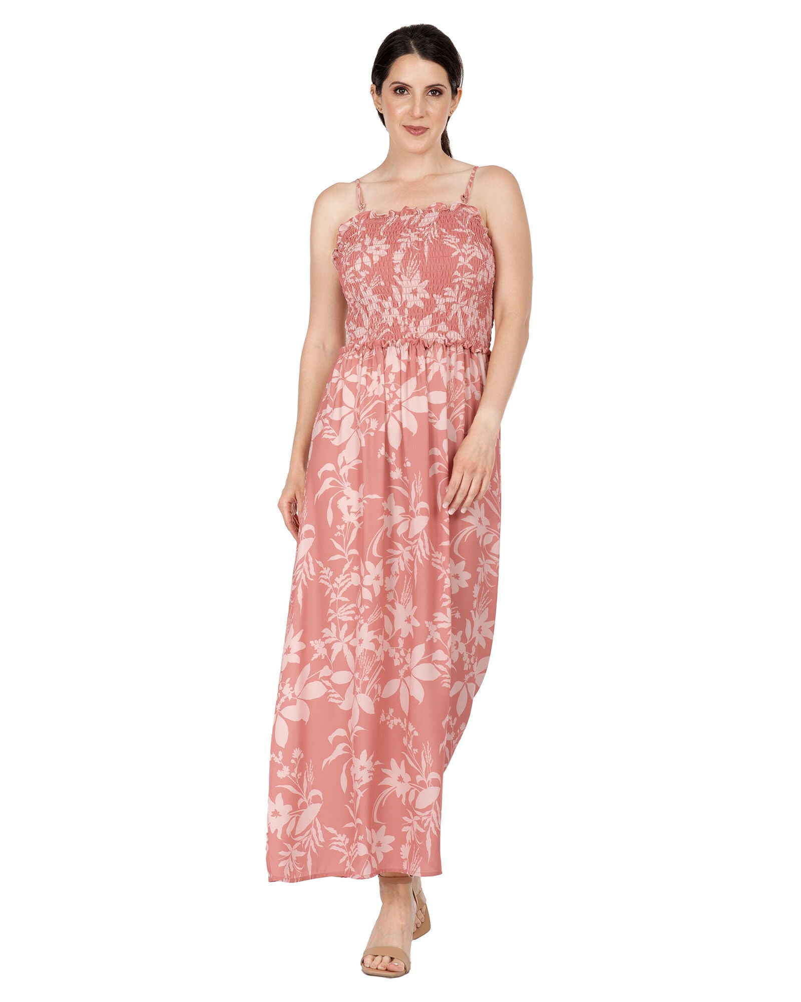 Layla Women&#39;s Spaghetti Strap Smocked Bodice Maxi Dress, Floral / Pink, hi-res image number 0