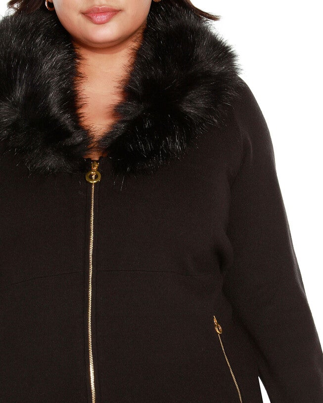 FAUX FUR COLLAR CARDIGAN, Black / Black, alternate image number 3