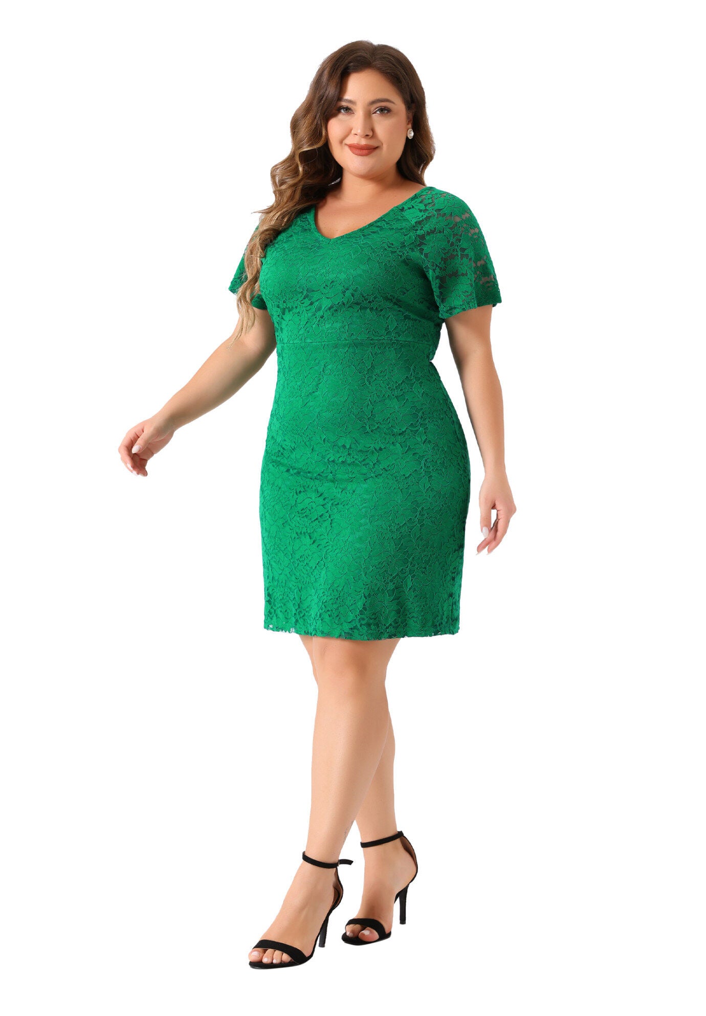 V NECK SHORT SLEEVE COCKTAIL WEDDING GUEST BODYCON LACE PENCIL DRESS, Green / Kelly Green, hi-res image number 0