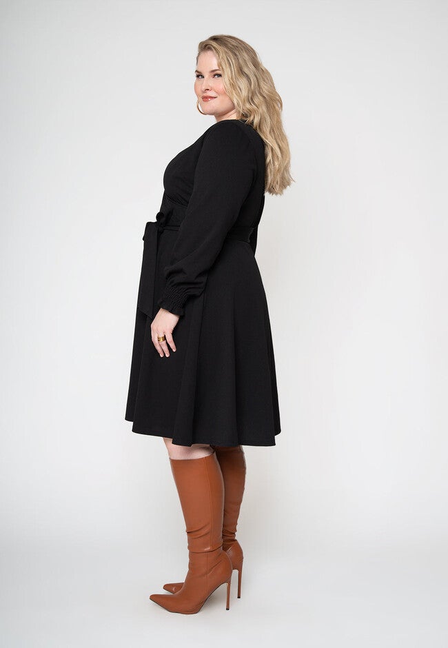 Perfect Wrap Midi with Blouson Sleeve Dress, Black / Black, alternate image number 3
