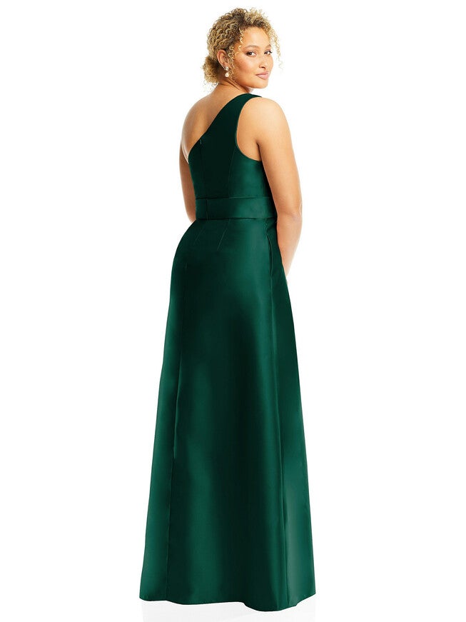 Draped One-Shoulder Satin Maxi Dress with Pockets, Hunter Green / Hunter Green, alternate image number null