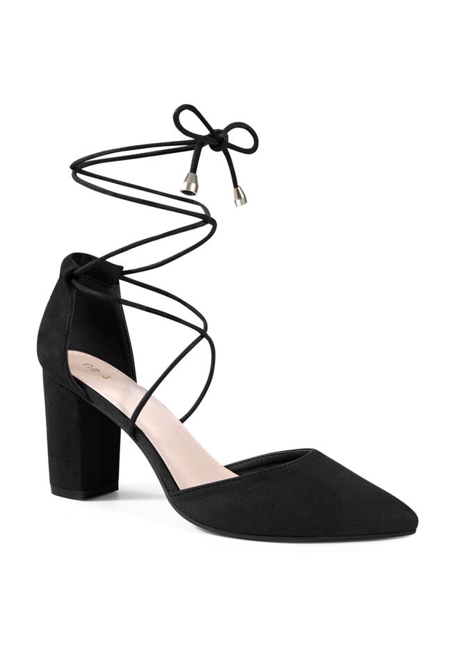 Pointy Toe Lace Up Chunky Heeled Sandal Pumps, Black / Black, hi-res image number 0