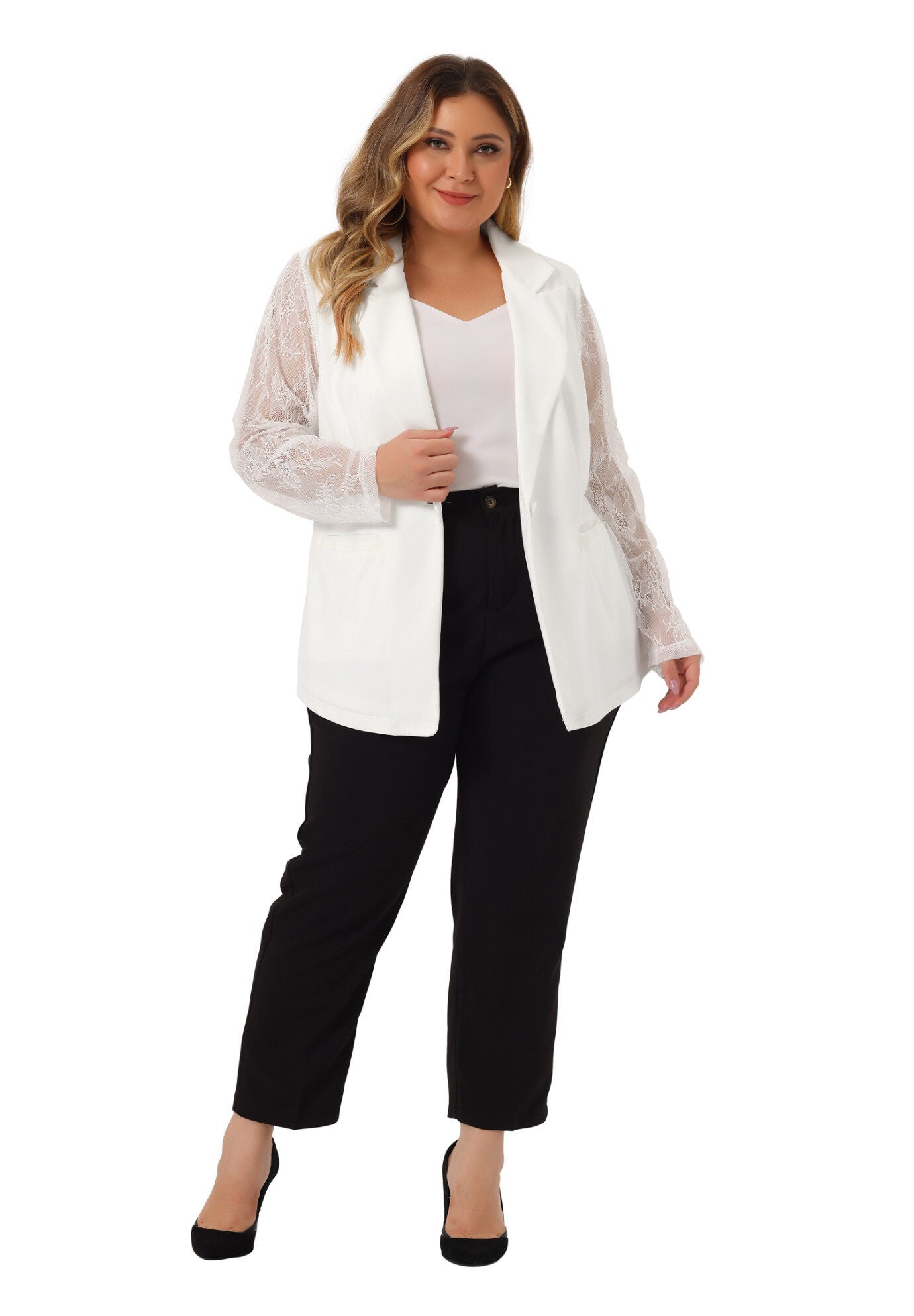 NOTCH LAPEL LACE FRONT BLAZER JACKET, White / White, hi-res image number 0