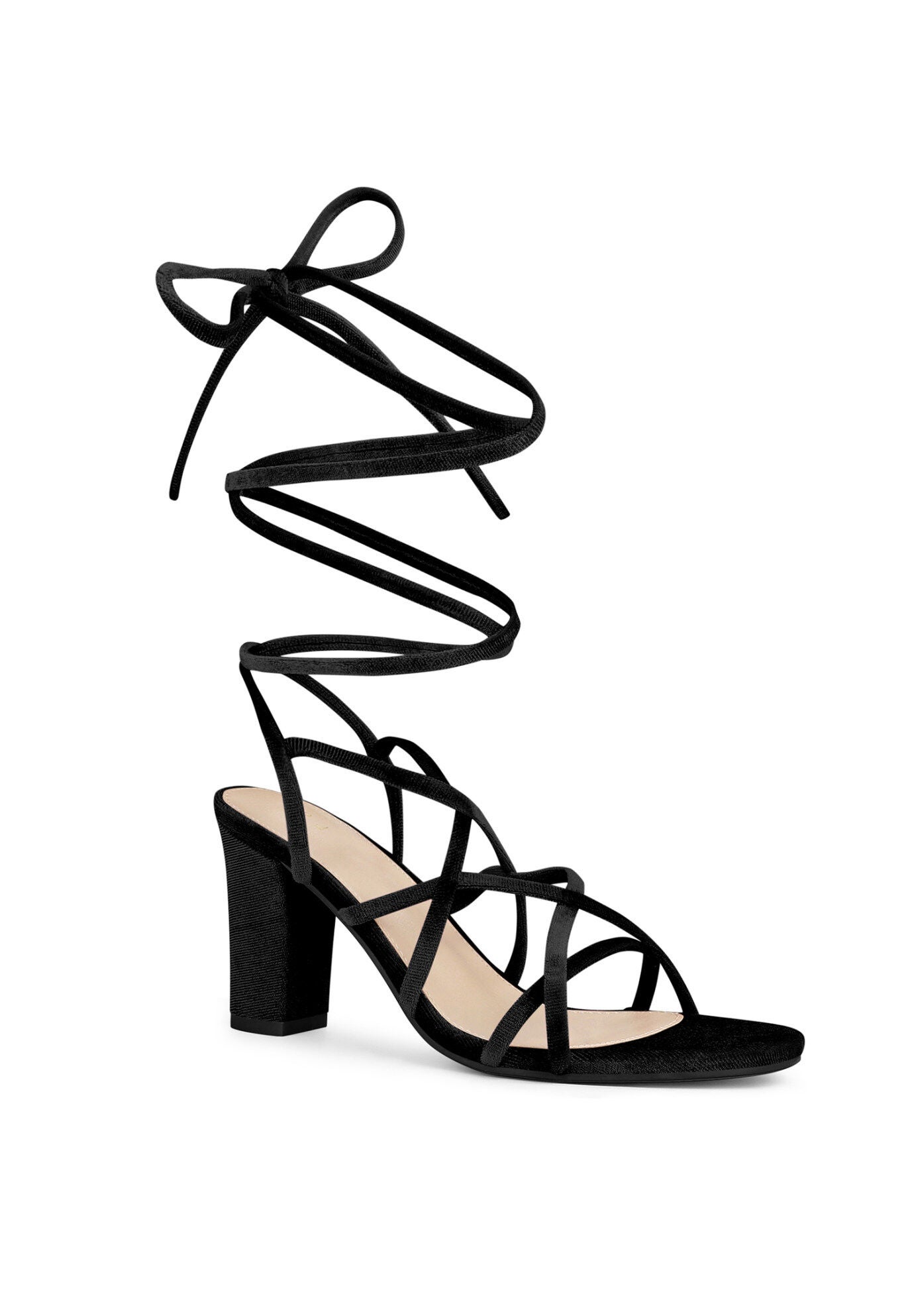 Lace Up Sandals Chunky Heels Strappy Heels, Black / Black, hi-res image number 0