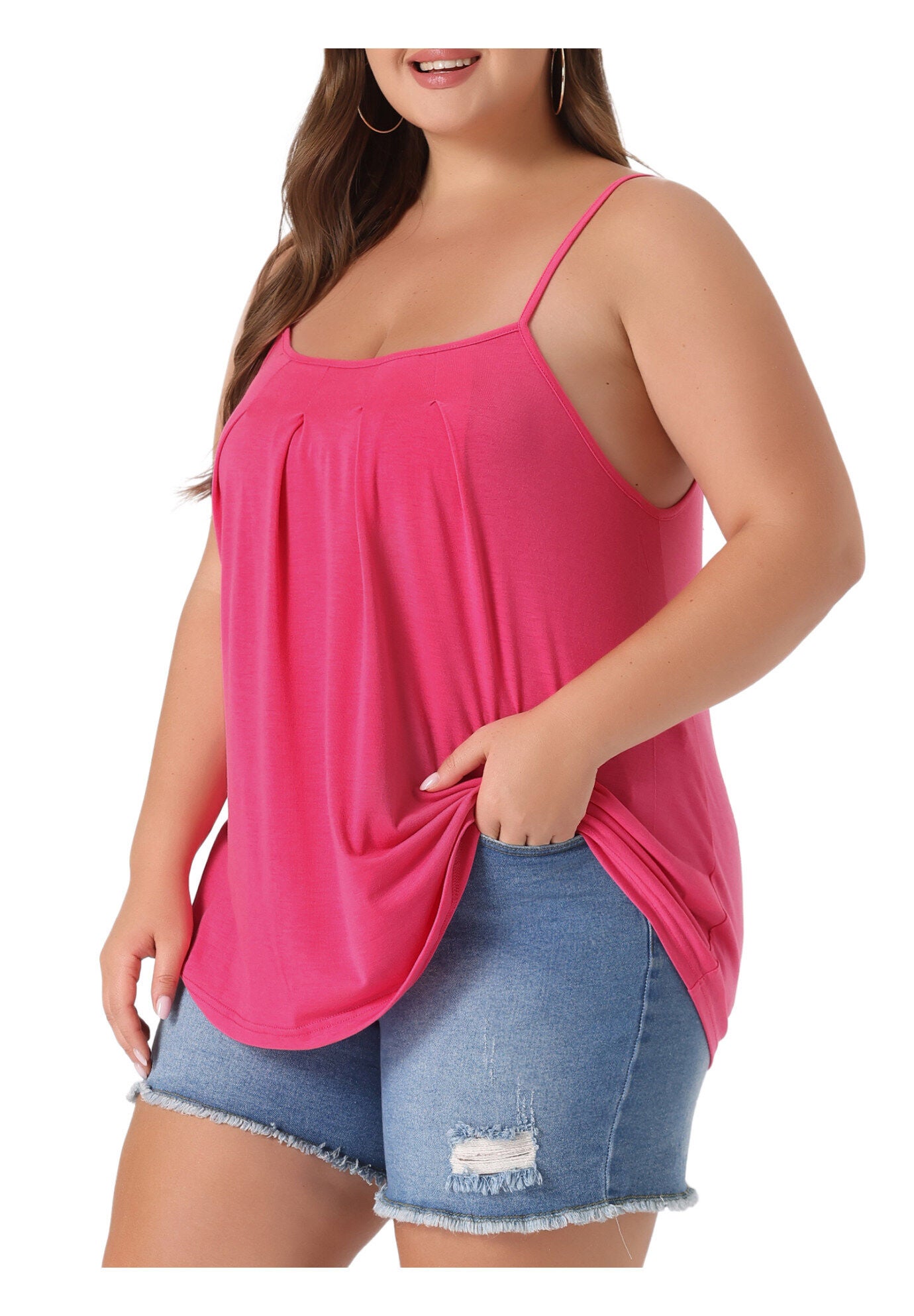 PLEATED SLEEVELESS LOOSE CAMISOLE TANK TOP, Hot Pink / Pink, alternate image number 1