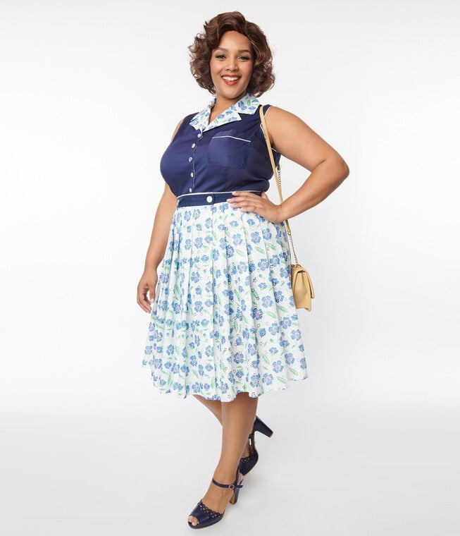 Unique Vintage White & Blue Floral Eyelet Collins Wrap Swing Skirt, White Floral / White, alternate image number 1