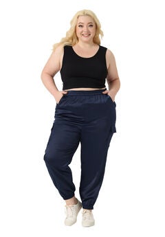 SATIN JOGGERS ELASTIC WAIST ATHLEISURE ANKLE LENGTH CARGO PANTS