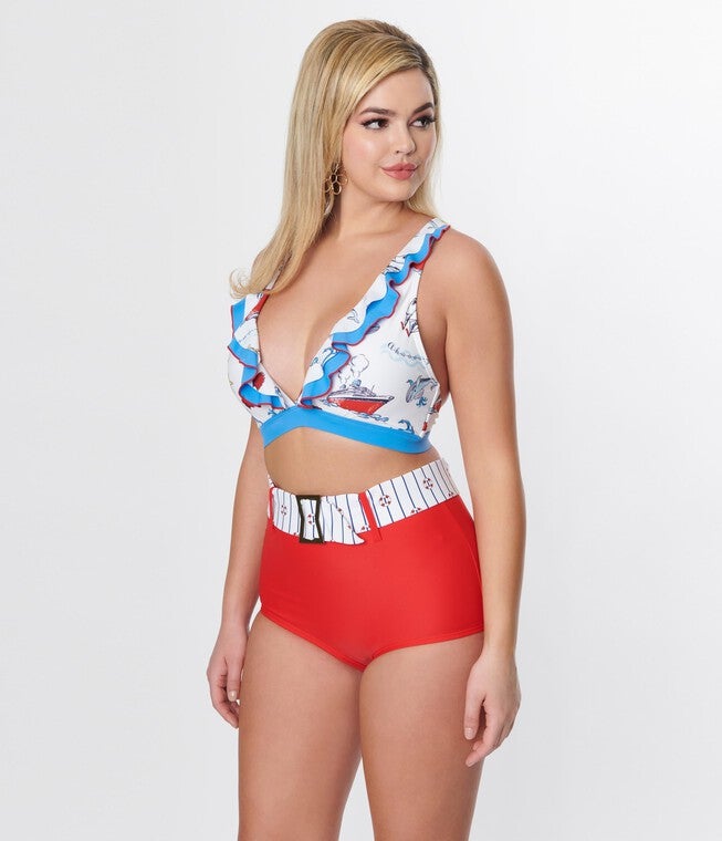 Unique Vintage White & Blue Nautical Print Ruffle Swim Top, White Blue Nautical Print / White, alternate image number 4