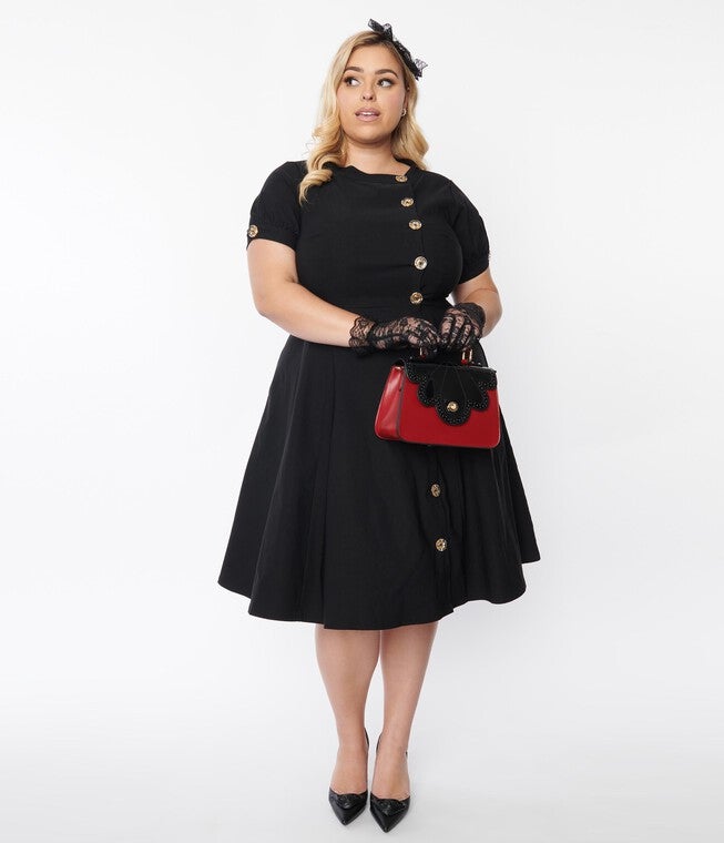 Unique Vintage Black Button Swing Dress, Black / Black, alternate image number 3