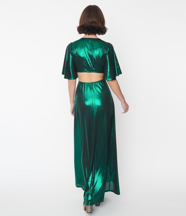 Smak Parlour Metallic Emerald Green Knit Maxi Dress, , alternate image number null