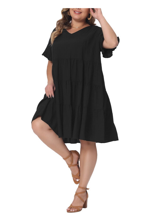 V Neck Ruffle Sleeve with Pockets Swing A Line Tiered Dress, Black / Black, alternate image number null