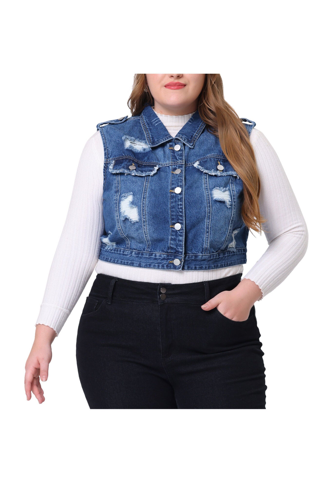 SLEEVELESS BUTTON JEAN CROP DENIM VEST, Blue / Chambray Denim Medium, alternate image number 1
