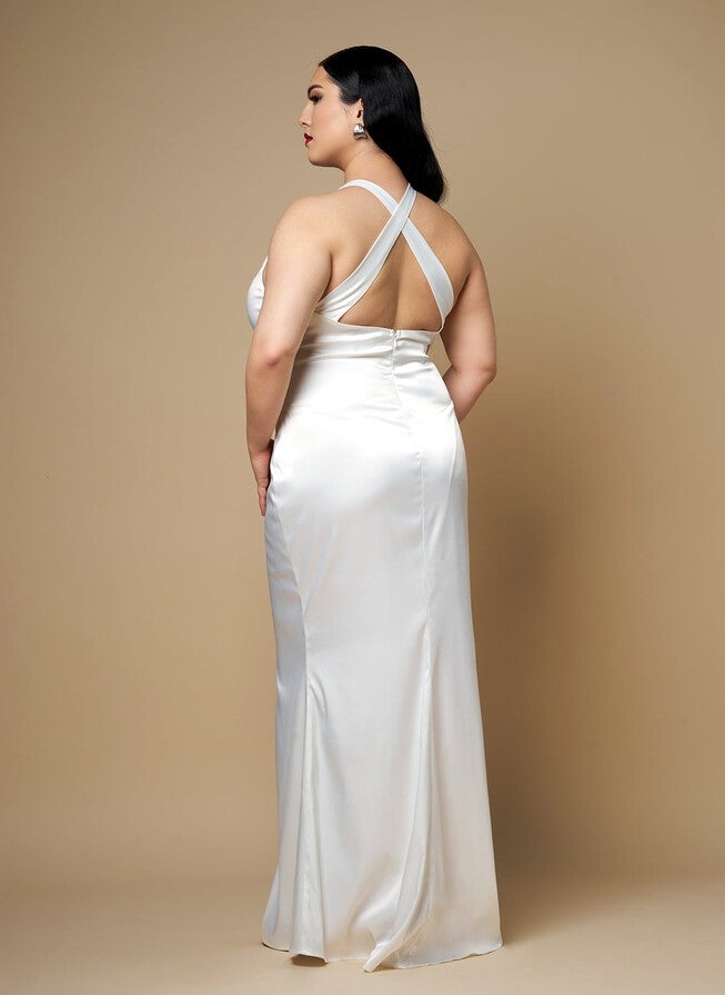 GARDENIA SATIN HALTER MAXI BODYCON DRESS, White / White, alternate image number 4