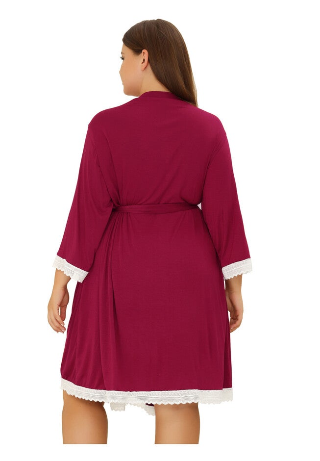 Lightweight Kimono Robes Lace Trim Bathrobe, Burgundy / Burgundy, alternate image number 3