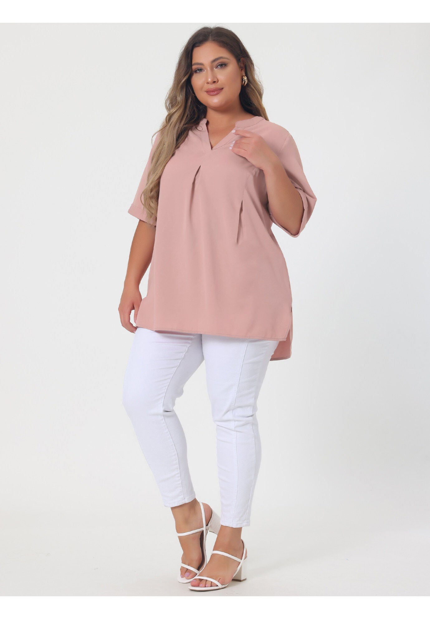 V Neck Casual Solid 1/2 Sleeve Tunic Blouse, Pink / Pink, hi-res image number 0