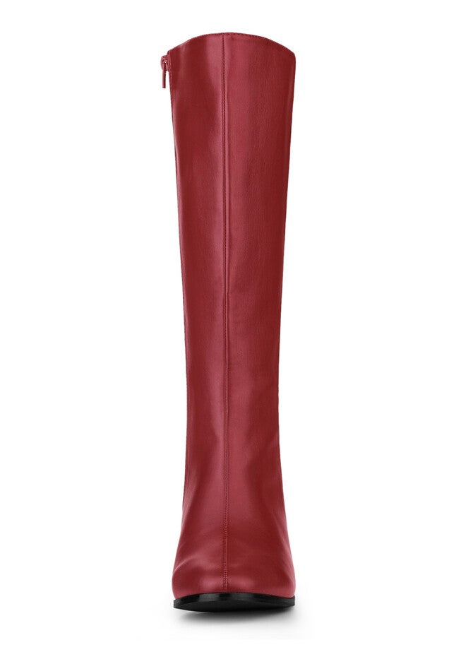 Round Toe Block Heels Knee High Boots, Red / Red, alternate image number 1