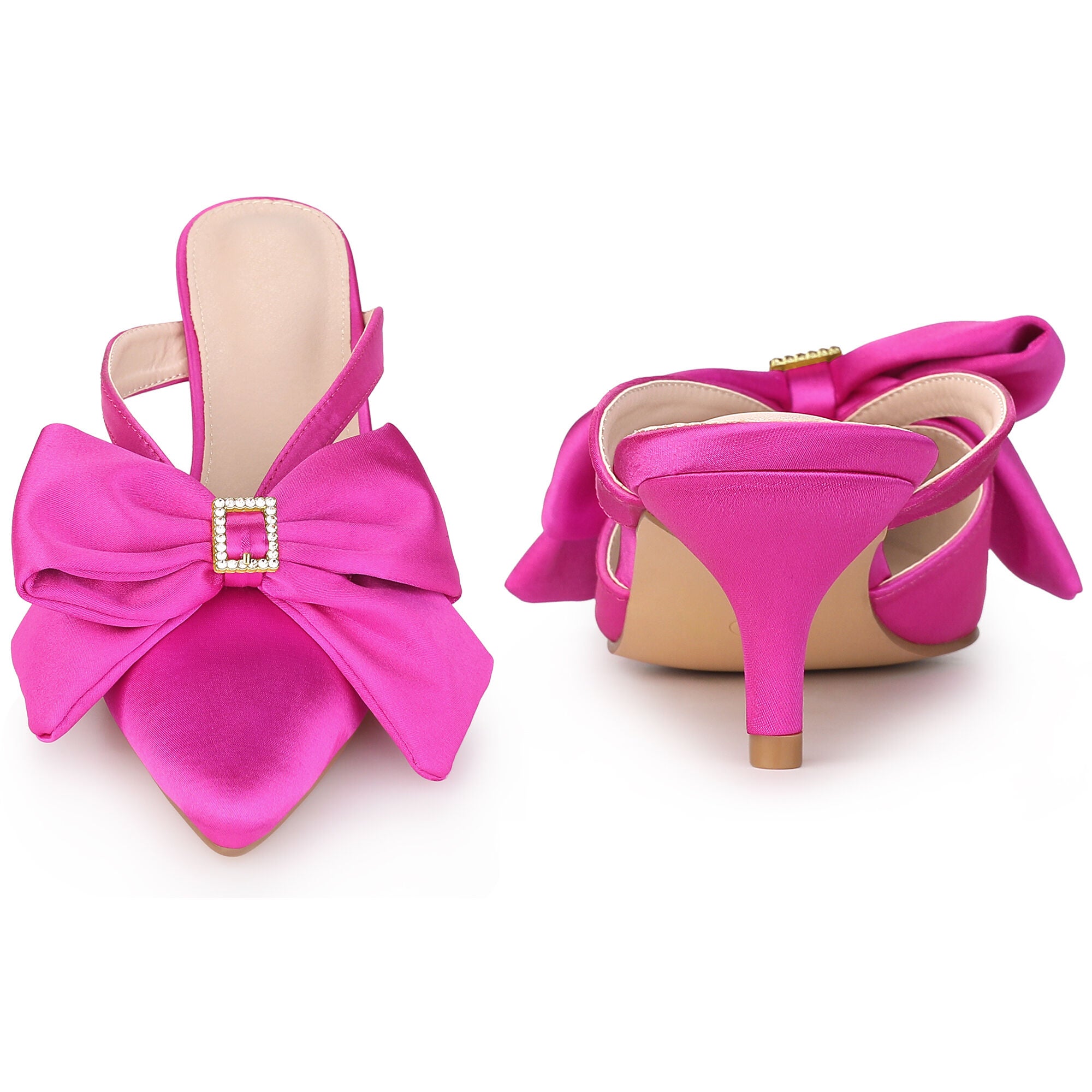Bow Rhinestones Kitten Heels Satin Slide Mules, Hot Pink / Pink, alternate image number 2