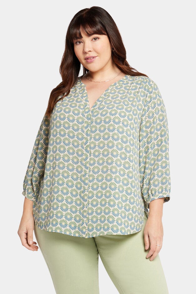 Pintuck Blouse, Blue Blossoms / Light Green, hi-res image number 0