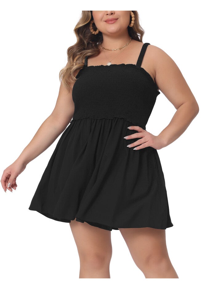 SLEEVELESS ROMPERS SQUARE COLLAR FLOWY SHORT JUMPSUIT, Black / Black, alternate image number 2