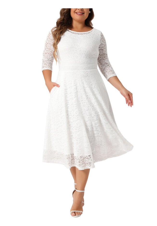 Floral Lace Scooped Neckline 3/4 Sleeves with Pocket Knit Cocktail Dress, White / White, alternate image number null