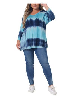 V Neck 3/4 Sleeve Loose Casual Striped Tie Dye Print T-Shirt Top