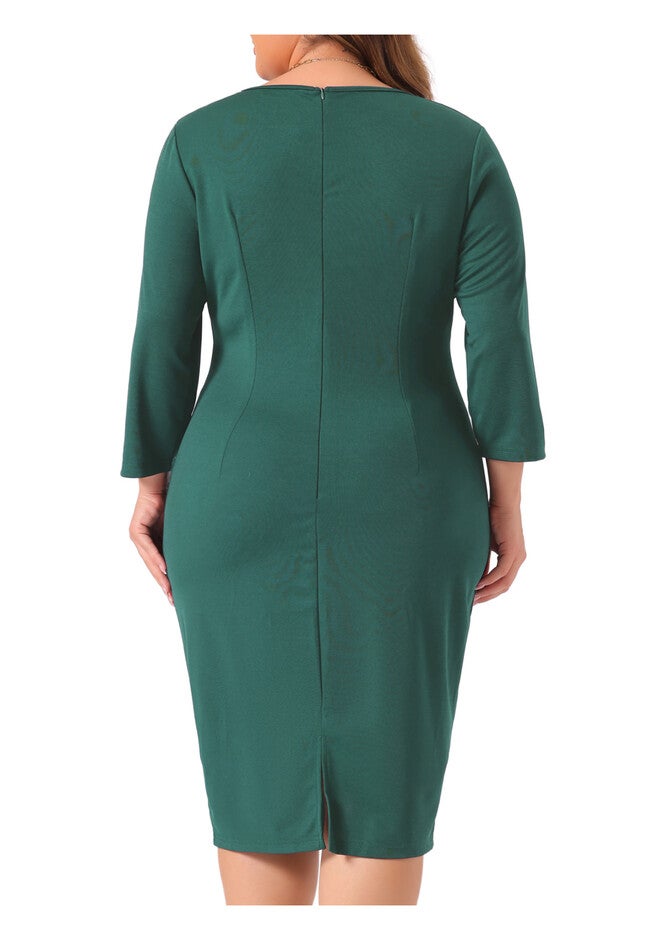 3/4 Sleeve Ruffle Midi Pencil Bodycon Cocktail Dress, Dark Green / Forest Green, alternate image number null